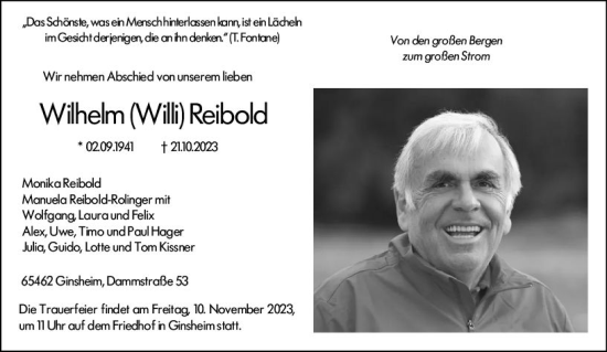 Traueranzeige von Wilhelm Reibold von Allgemeine Zeitung Mainz