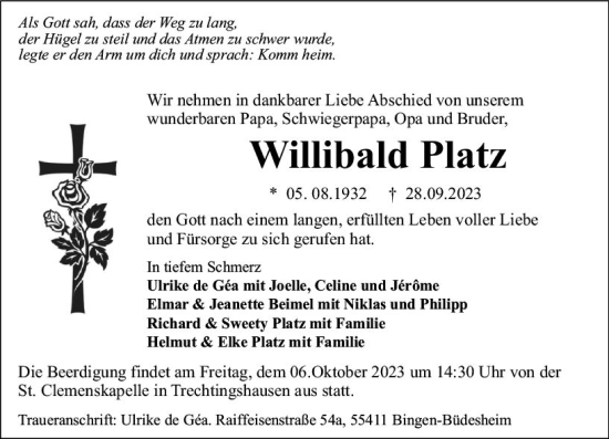 Traueranzeige von Willibald Platz von Allgemeine Zeitung Bingen/Ingelheim