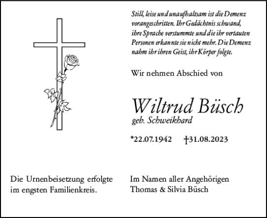Traueranzeige von Wiltrud Büsch von Allgemeine Zeitung Bingen/Ingelheim