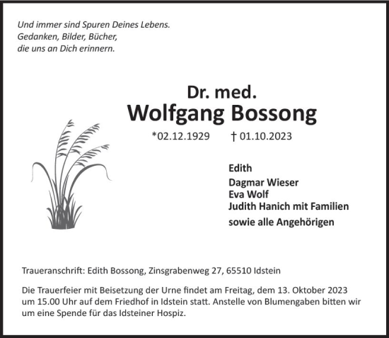 Traueranzeige von Wolfgang Bossong von Idsteiner Land/Untertaunus