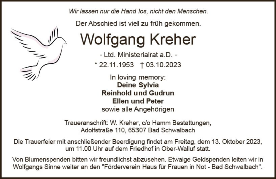 Traueranzeige von Wolfgang Kreher von Wiesbadener Kurier