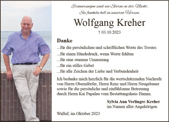 Traueranzeige von Wolfgang Kreher von Wiesbadener Kurier