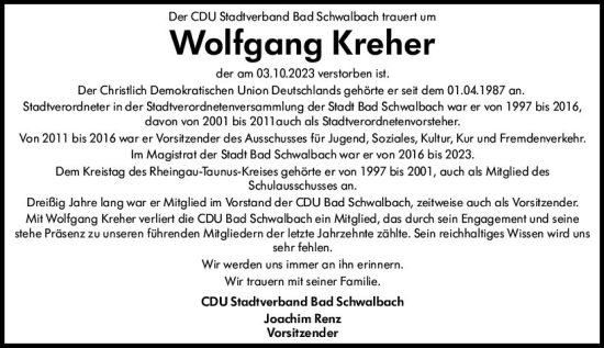 Traueranzeige von Wolfgang Kreher von Idsteiner Land/Untertaunus