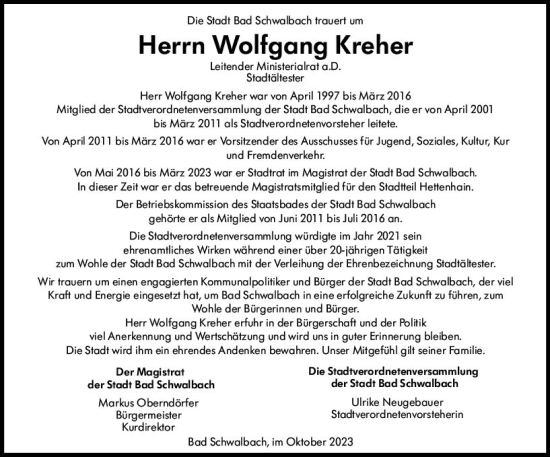 Traueranzeige von Wolfgang Kreher von Idsteiner Land/Untertaunus