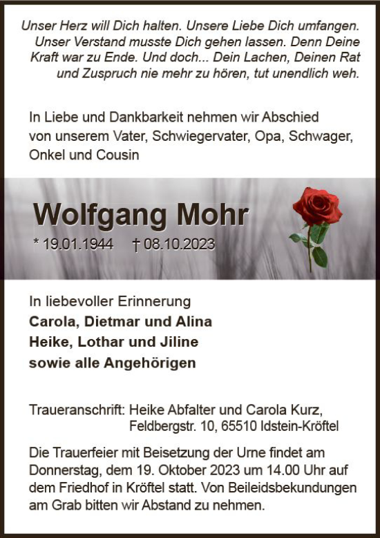 Traueranzeige von Wolfgang Mohr von Idsteiner Land/Untertaunus