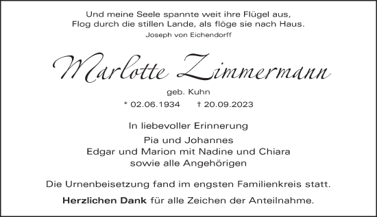 Traueranzeige von Marlotte Zimmermann von Wetzlarer Neue Zeitung