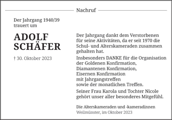 Traueranzeige von Adolf Schäfer von Weilburger Tageblatt