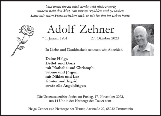 Traueranzeige von Adolf Zehner von Wiesbadener Kurier
