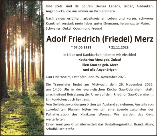 Traueranzeige von Adolf Friedrich Merz von Allgemeine Zeitung Alzey