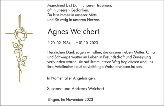 Traueranzeige von Agnes Weichert von Allgemeine Zeitung Bingen/Ingelheim