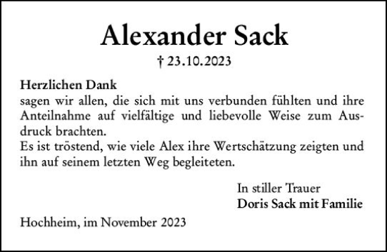 Traueranzeige von Alexander Sack von Hochheimer Zeitung