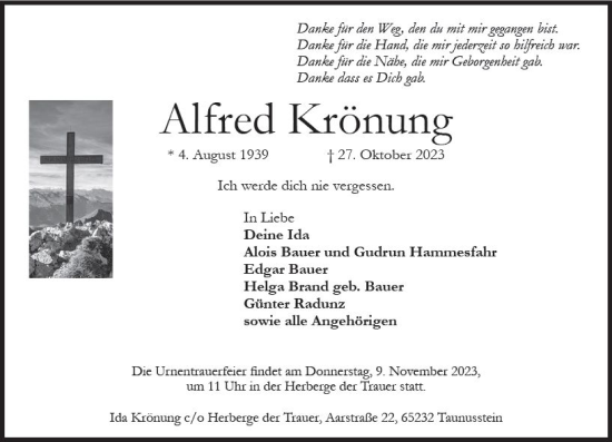 Traueranzeige von Alfred Krönung von Wiesbadener Kurier