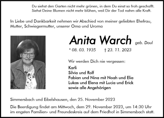 Traueranzeige von Anita Warch von Dill Block