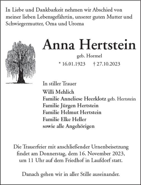 Traueranzeige von Anna Hertstein von Wetzlarer Neue Zeitung