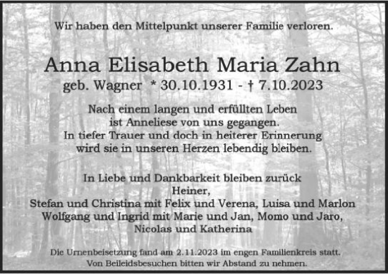 Traueranzeige von Anna Elisabeth Maria Zahn von Darmstädter Echo