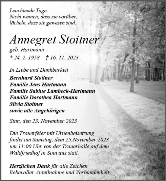 Traueranzeige von Annegret Stoitner von Dill Block
