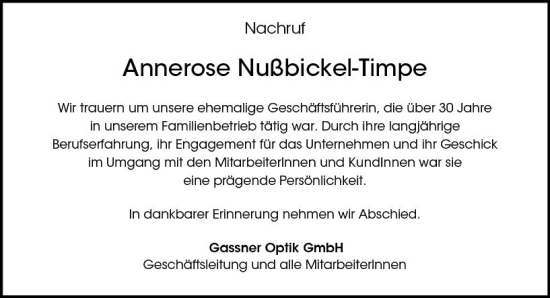 Traueranzeige von Annerose Nußbickel-Timpe von Allgemeine Zeitung Bingen/Ingelheim