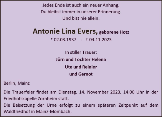 Traueranzeige von Antonie Lina Evers von Allgemeine Zeitung Mainz