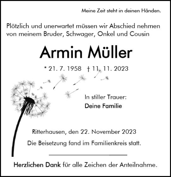 Traueranzeige von Armin Müller von Dill Block