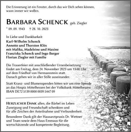 Traueranzeige von Barbara Schenck von Wetzlarer Neue Zeitung