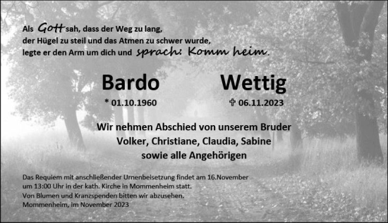 Traueranzeige von Bardo Wettig von Allgemeine Zeitung Mainz