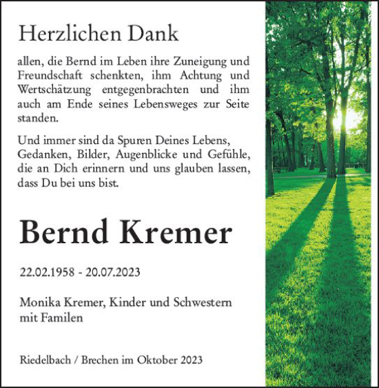 Traueranzeige von Bernd Kremer von Camberger Anzeiger