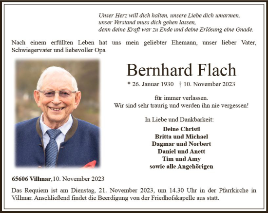 Traueranzeige von Bernhard Flach von Nassauische Neue Presse
