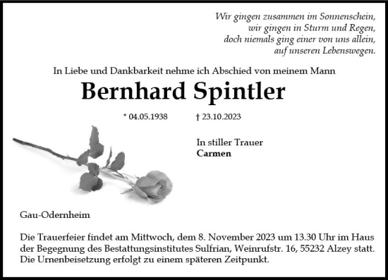 Traueranzeige von Bernhard Spintler von Allgemeine Zeitung Alzey