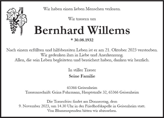 Traueranzeige von Bernhard Willems von Wiesbadener Kurier