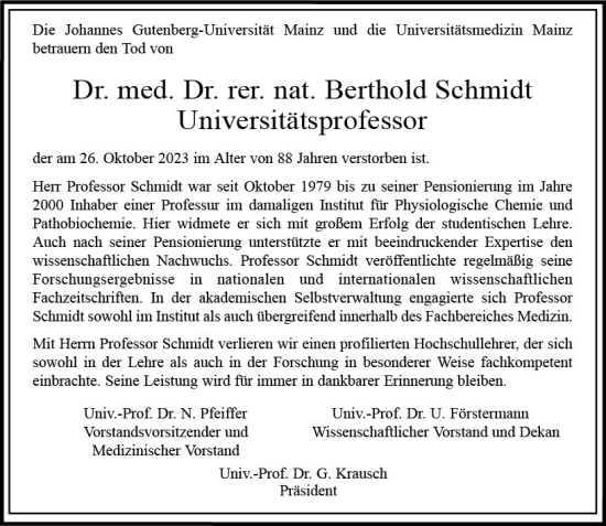 Traueranzeige von Berthold Schmidt von Allgemeine Zeitung Mainz