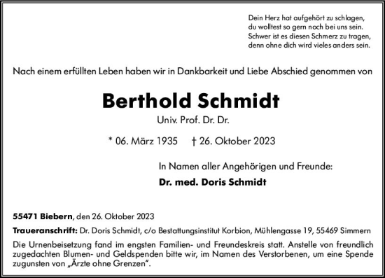 Traueranzeige von Berthold Schmidt von Allgemeine Zeitung Mainz