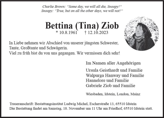 Traueranzeige von Bettina Ziob von Wiesbadener Kurier