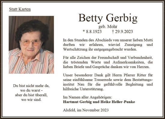 Traueranzeige von Betty Gerbig von Oberhessen Kurier