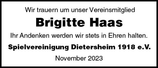 Traueranzeige von Brigitte Haas von Bingen/Ingelheim WOBL inkl. Neue Binger Ztg.