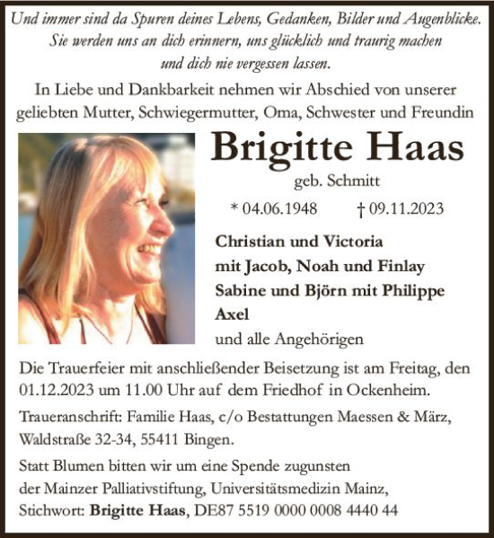 Traueranzeige von Brigitte Haas von Bingen/Ingelheim WOBL inkl. Neue Binger Ztg.