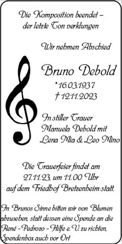 Traueranzeige von Bruno Debold von Allgemeine Zeitung Mainz