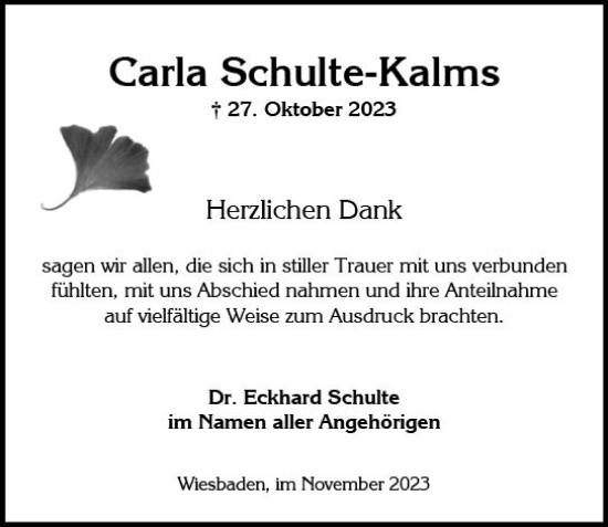 Traueranzeige von Carla Schulte-Kalms von Wiesbadener Kurier