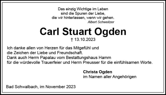 Traueranzeige von Carl Stuart Ogden von Wiesbadener Kurier