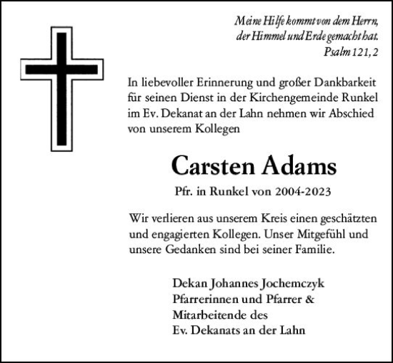 Traueranzeige von Carsten Adams von Weilburger Tageblatt