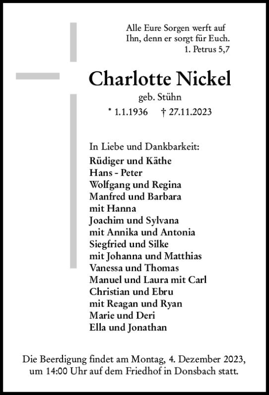 Traueranzeige von Charlotte Nickel von Dill Block