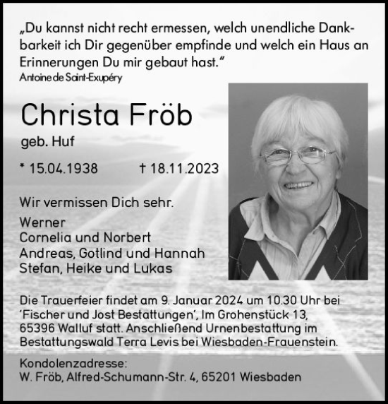 Traueranzeige von Christa Fröb von Wiesbadener Kurier