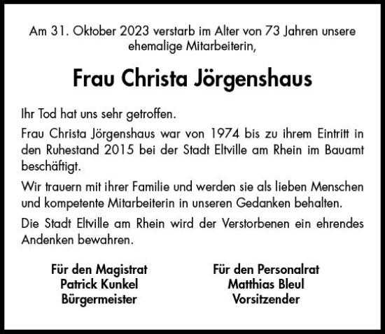 Traueranzeige von Christa Jörgenshaus von Rheingau Kurier