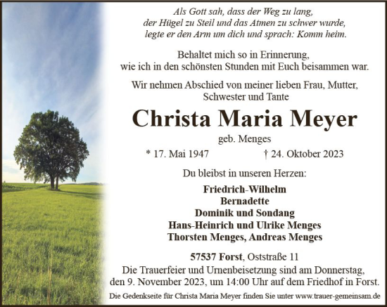 Traueranzeige von Christa Maria Meyer von Wormser Zeitung
