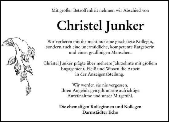 Traueranzeige von Christel Junker von Darmstädter Echo