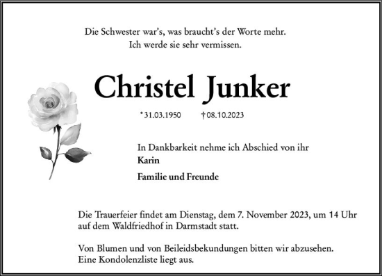 Traueranzeige von Christel Junker von Darmstädter Echo