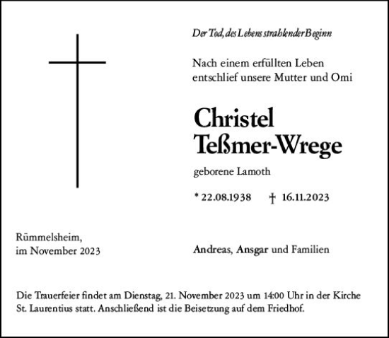 Traueranzeige von Christel Teßmer-Wrege von Allgemeine Zeitung Bad Kreuznach