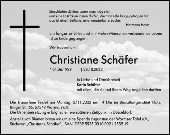 Traueranzeige von Christiane Schäfer von Wormser Zeitung
