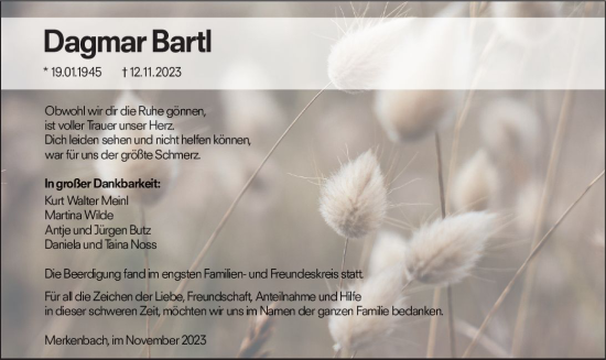 Traueranzeige von Dagmar Bartl von Dill Block