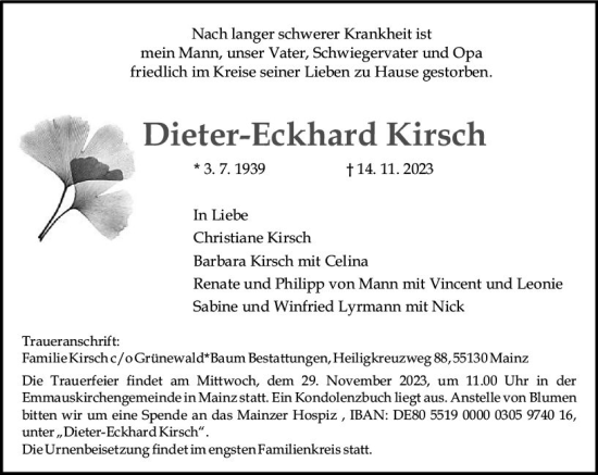 Traueranzeige von Dieter-Eckhard Kirsch von Allgemeine Zeitung Mainz