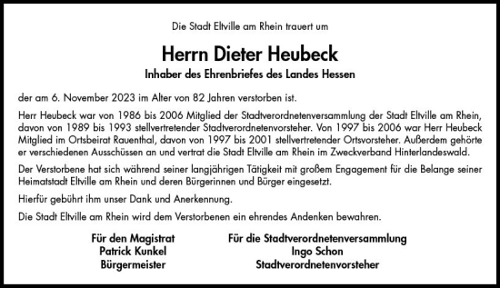 Traueranzeige von Dieter Heubeck von Rheingau Kurier